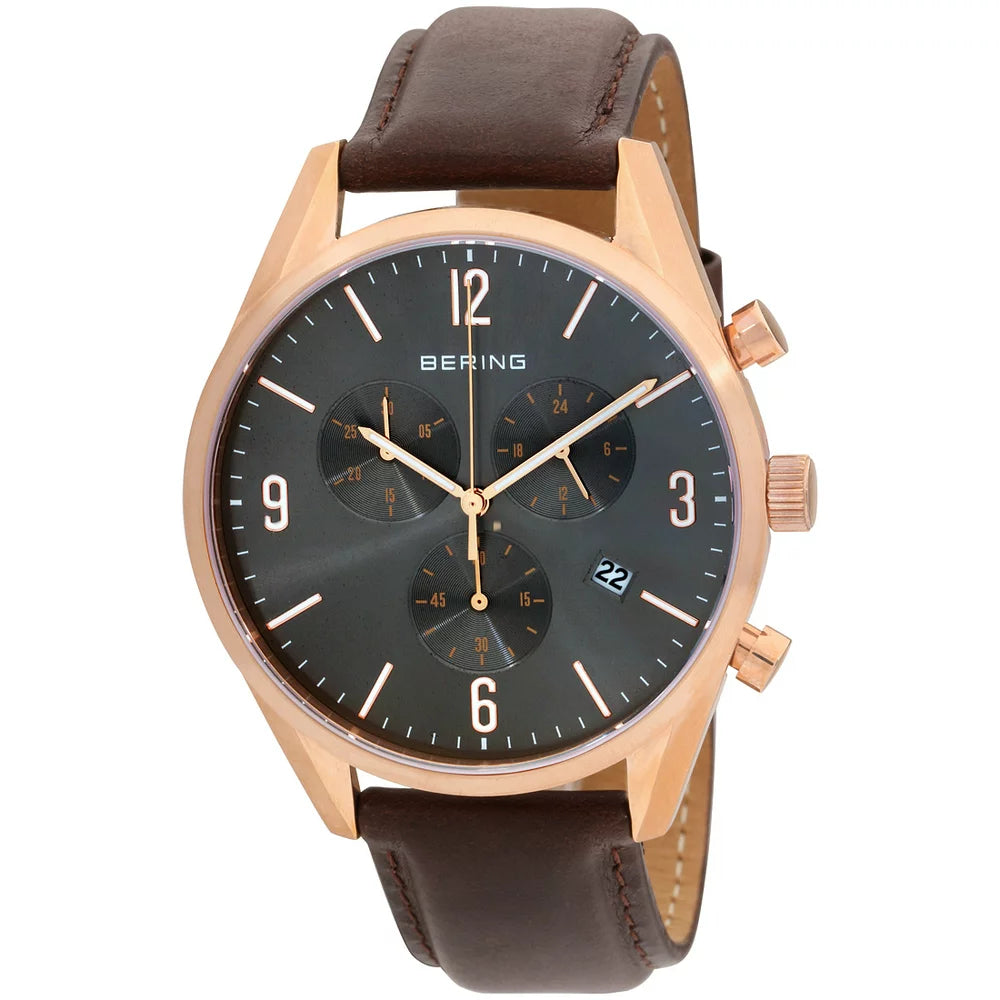 Bering Gents Stainless Steel Rose gold on Brown Leather strap 10542-562