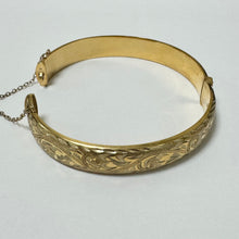 Load image into Gallery viewer, Rolled (Plated) Gold 9ct Patterned Hinge Bangle With Safety Chain Pre Loved
