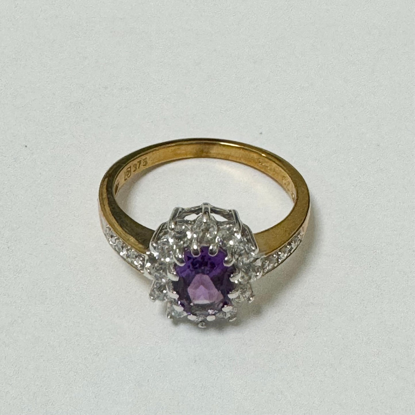 9ct Yellow Gold Amethyst and CZ Set Cluster Ring With CZ set Shoulders Pre Loved