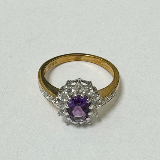 9ct Yellow Gold Amethyst and CZ Set Cluster Ring With CZ set Shoulders Pre Loved