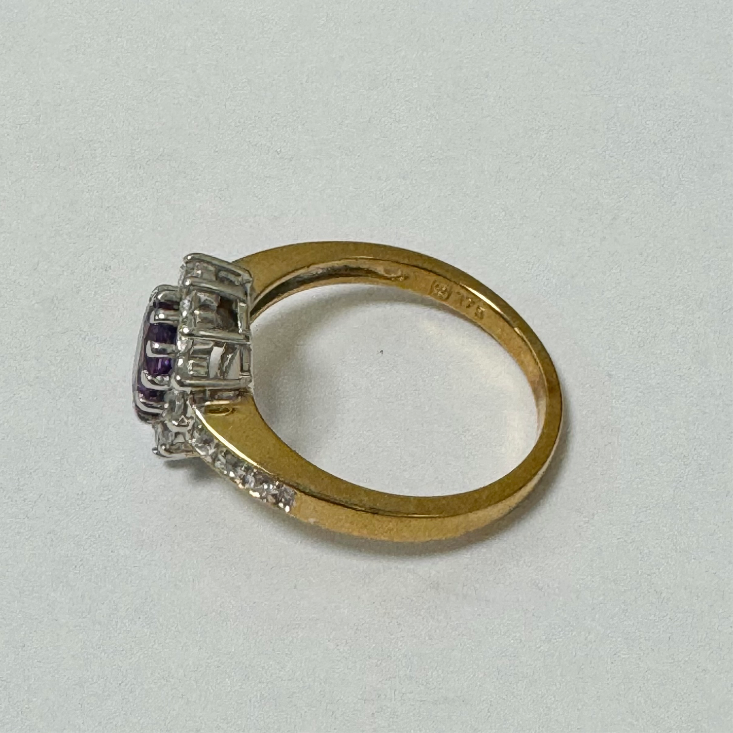 9ct Yellow Gold Amethyst and CZ Set Cluster Ring With CZ set Shoulders Pre Loved