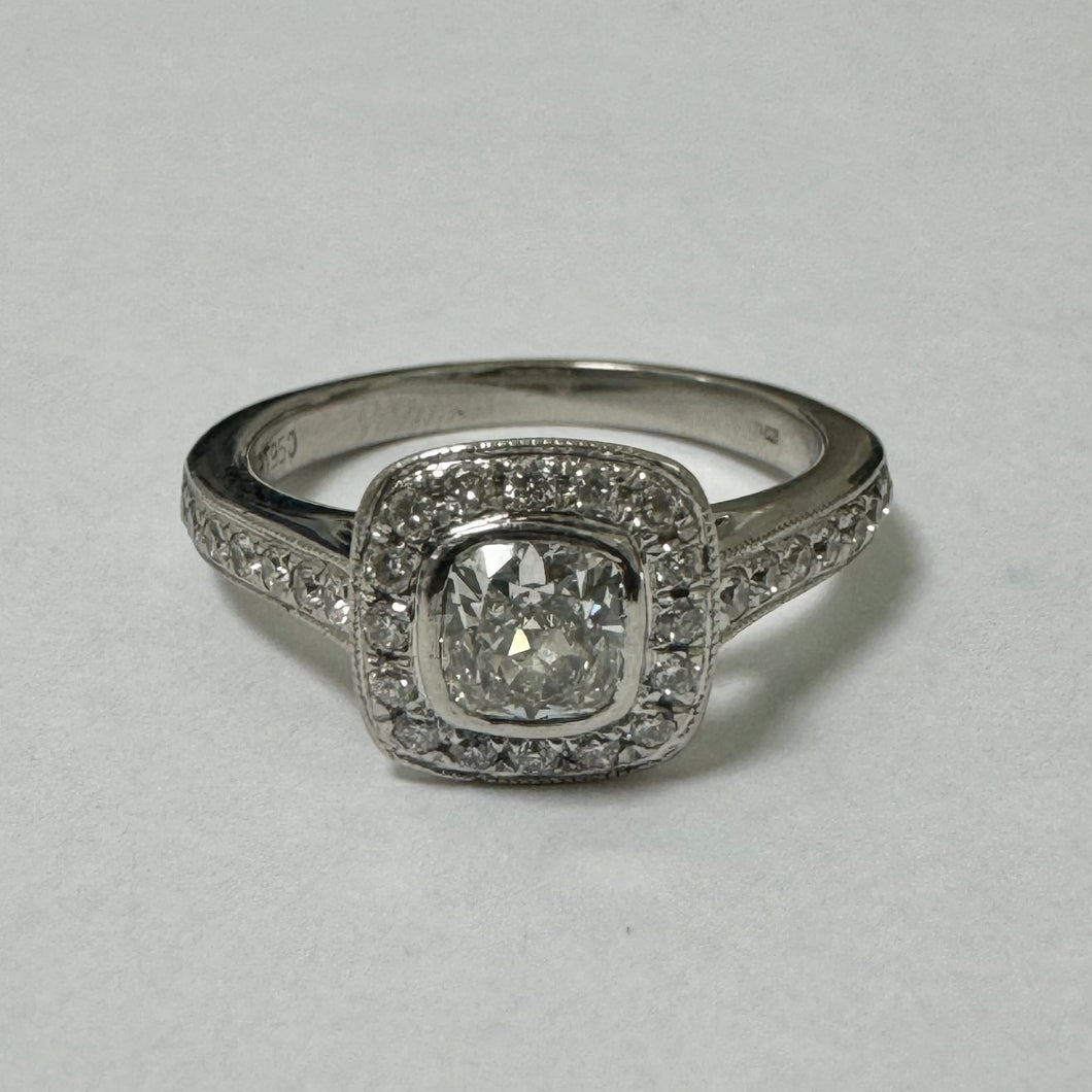 Platinum & Square Diamond Halo Ring With Diamonds on the Shoulders  - Pre-Loved Ref PLR114