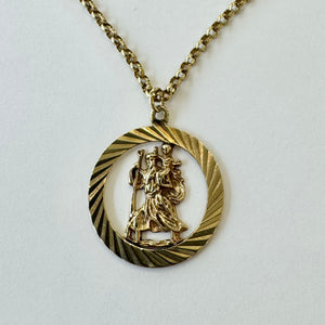 9ct Yellow Gold Cut Out Round St Christopher Pendant and Chain Pre Loved