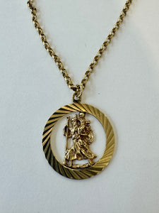 9ct Yellow Gold Cut Out Round St Christopher Pendant and Chain Pre Loved