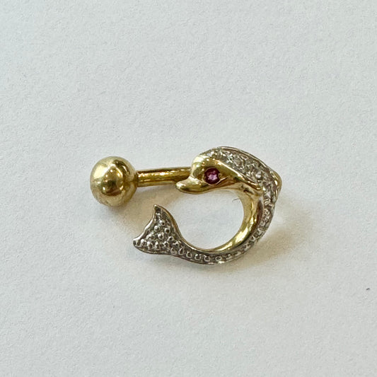 9ct Yellow Gold Dolphin Belly Bar Set with Cubic Zirconia and Red Stone Pre Loved