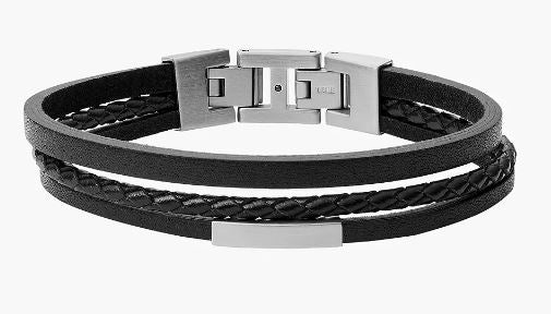 JF03322040 FOSSIL- Black Leather Multi strand Bracelet