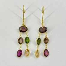 Load image into Gallery viewer, 14ct Yellow Gold Dangle Drop Earrings With Multi-Coloured Oval Stones Pre Loved
