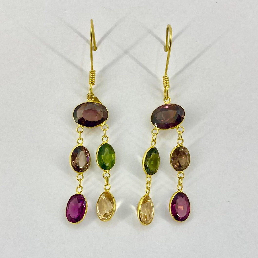 14ct Yellow Gold Dangle Drop Earrings With Multi-Coloured Oval Stones Pre Loved