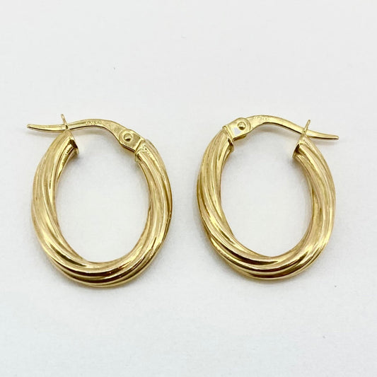 9ct Yellow Gold Twist Pattern Oval Hoop Earrings Pre Loved Ref PLE38