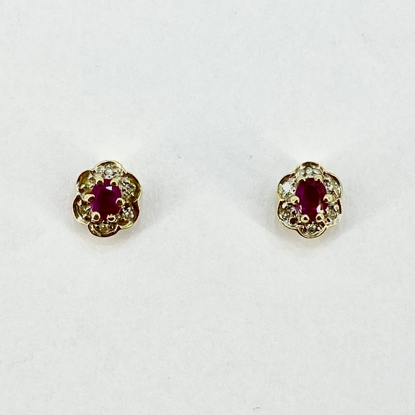 9ct Yellow Gold Ruby and Diamonds Cluster Stud Earrings Pre-Loved