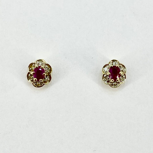 9ct Yellow Gold Ruby and Diamonds Cluster Stud Earrings Pre-Loved