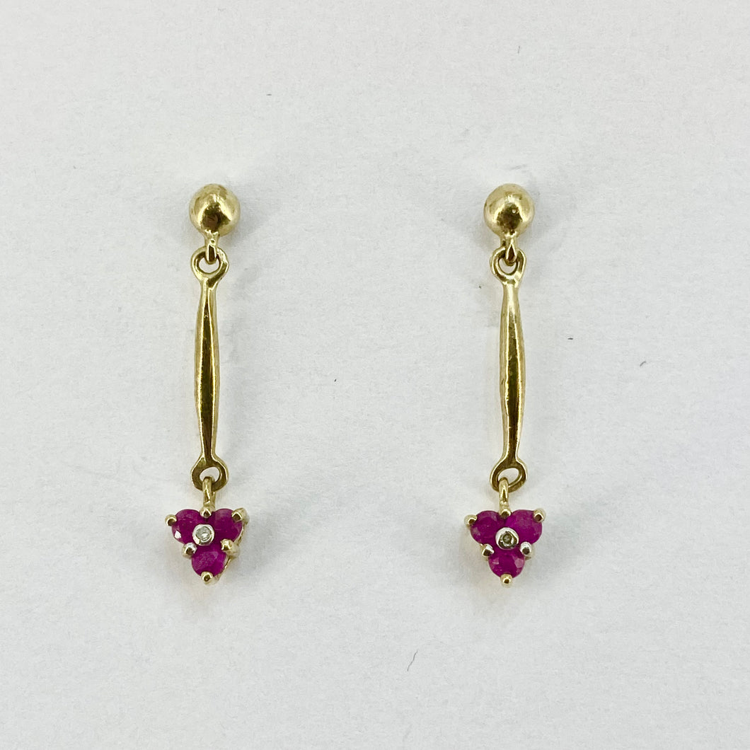 9ct Yellow Gold Ruby Set Drop Earrings Pre Loved