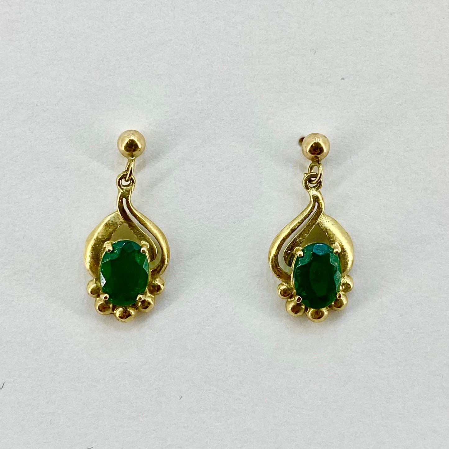 9ct Yellow Gold Emerald Set Drop Earrings Pre Loved