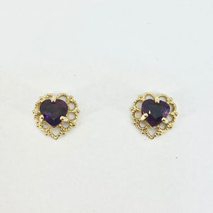 9ct Yellow Gold Amethyst Heart Shape Stud Earrings Pre Loved