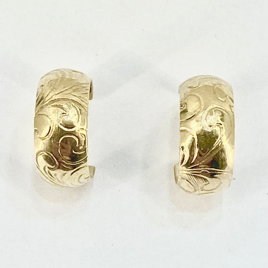 9ct Yellow Gold Patterned Half Hoop Stud Earrings Pre Loved