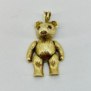 9ct Yellow Gold Moveable Teddy Bear Pendant With Red Stone Eyes Pre Loved