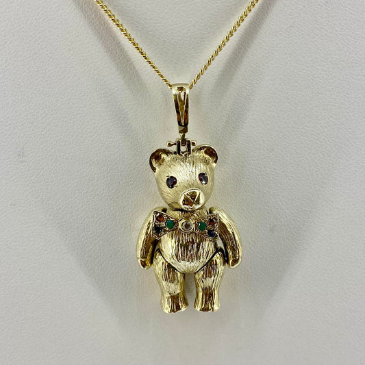 9ct Yellow Gold Moveable Teddy Bear Pendant With Stone Set Eyes and Bow Tie Pre Loved