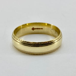 9ct Yellow Gold Patterned Edge Wedding Ring 6mm Pre Loved