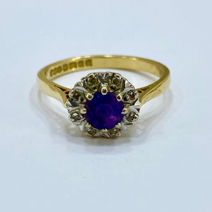 18ct Yellow Gold Amethyst and Diamonds Cluster Ring Pre Loved