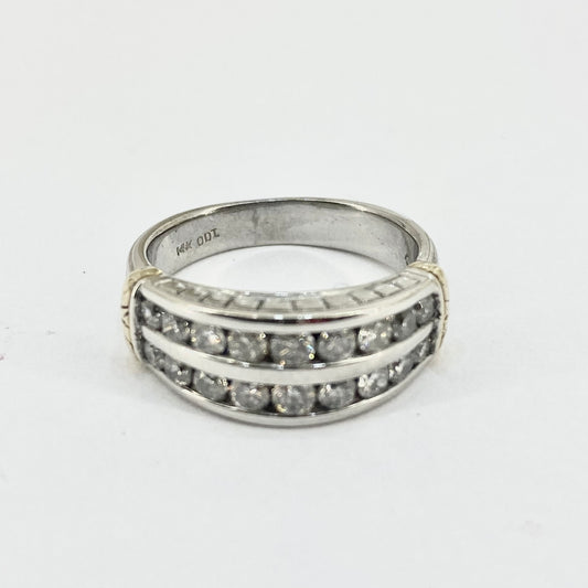 14ct White Gold Double Diamond Eternity Style Ring With Yellow Gold Accents Pre Loved