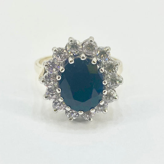 9ct Yellow Gold CZ and Sapphire Cluster Ring Pre Loved