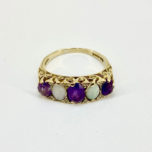 9ct White Gold Amethysts and Opals Set Ring Pre Loved