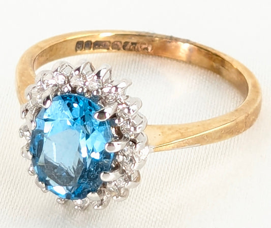 9ct Yellow Gold Oval Blue Topaz and Diamonds Set Cluster Ring Pre Loved Ref PLR67