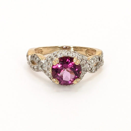 9ct Yellow Gold Pink Stone and CZ's Set Ring Pre Loved