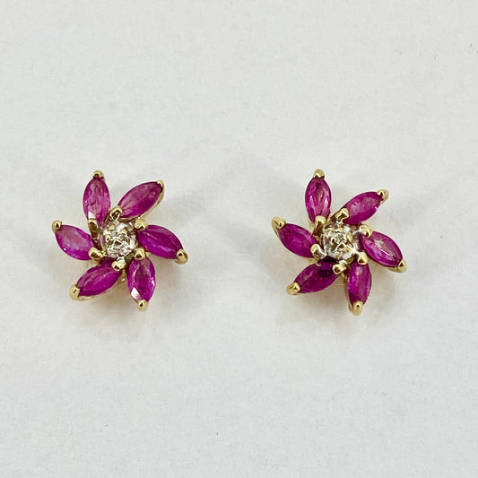 PLE03 9ct Yellow Gold Flower Cluster Ruby and Diamond Stud Earrings Pre-Loved