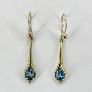 9ct Two Tone Y/W Gold Drop Blue Topaz and Diamond Earrings Pre Loved Ref PLE21