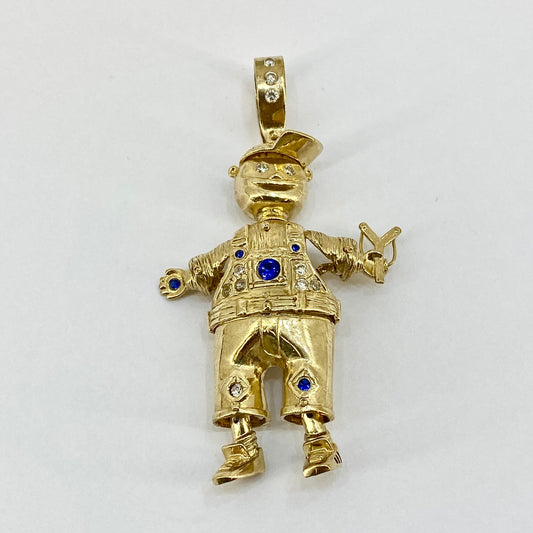 9ct Yellow Gold Moveable Boy Pendant Set With Blue and White CZs Pre Loved