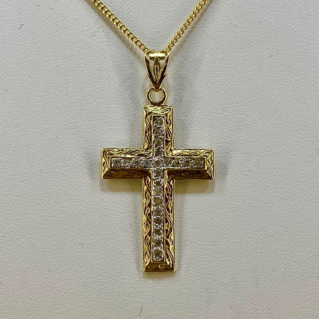 9ct Yellow Gold CZ Set Patterned Cross Pendant Pre-Loved