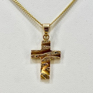 9ct Yellow Gold Small Patterned Cross Pendant Pre Loved