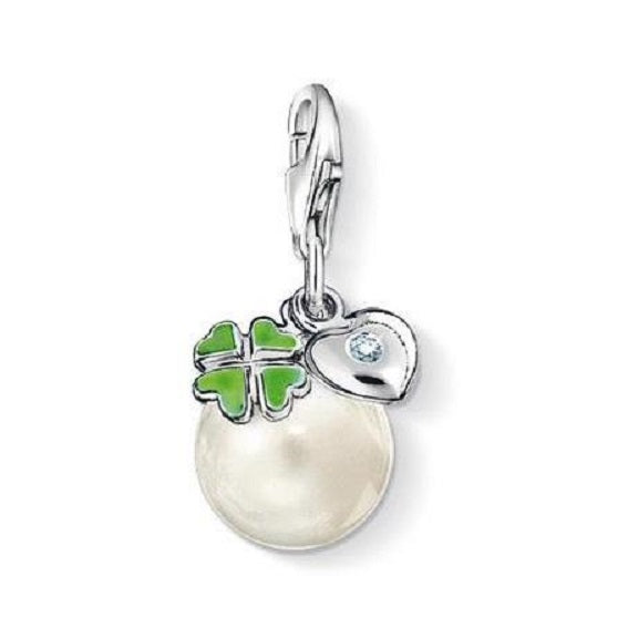 Thomas Sabo Silver Diamond Pearl & enamel Clover Charm ref DC0014-161-6