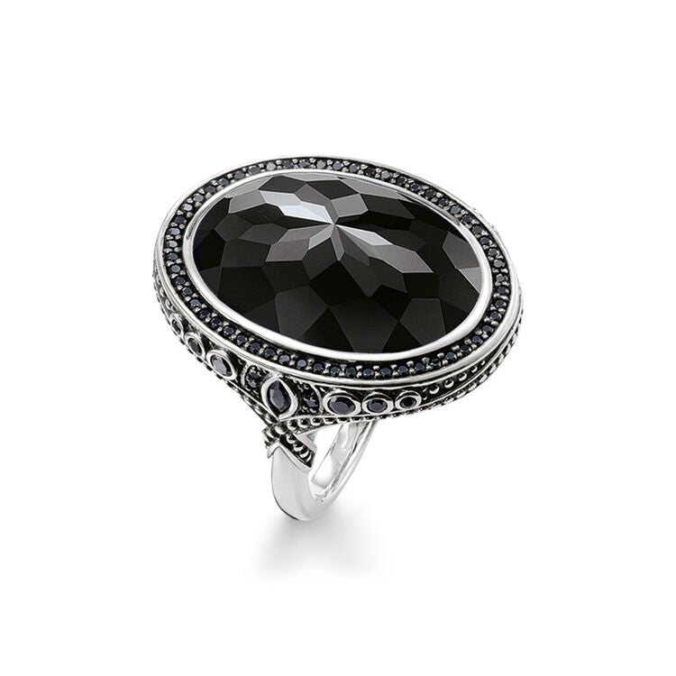 Thomas Sabo  Silver Faceted Onyx and CZ set ring Size 54 ref TR2021-641-11-54